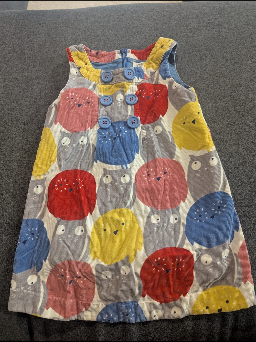 Mini Boden Owl Corduroy Dress with Blue Buttons